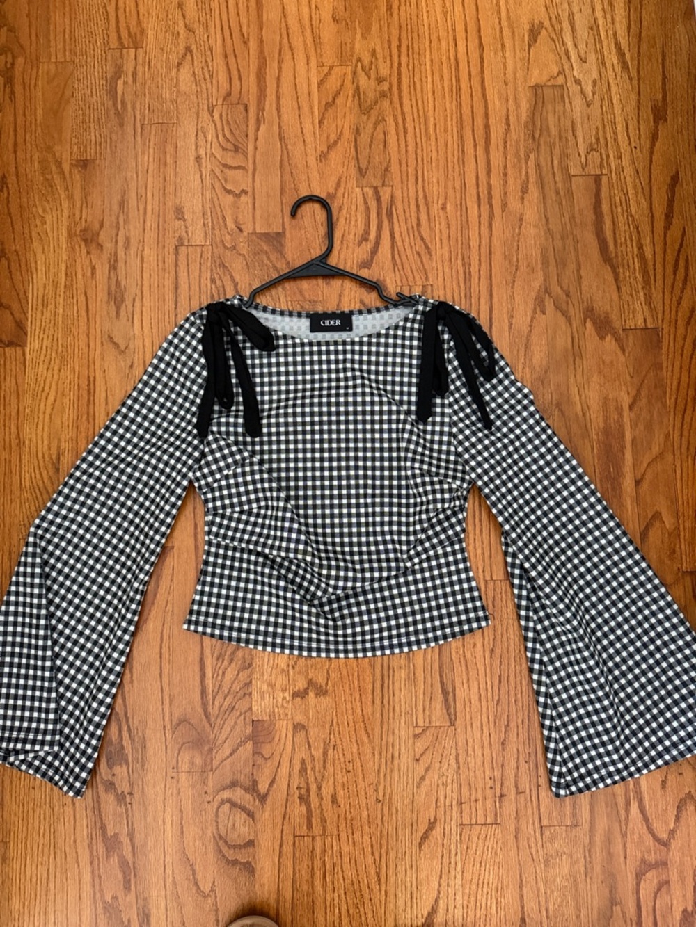 Cider Black & White Gingham Tie-Shoulder Bell-Sleeve Top